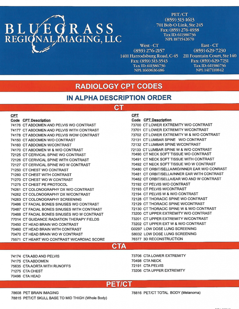 CPT Codes for CT and PET/CT Bluegrass Regional Imaging